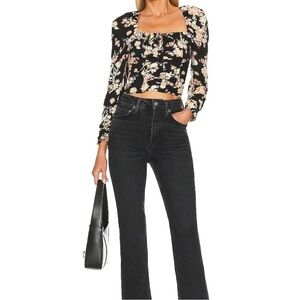 Free People Hilary Floral Printed Smocked Crop Top Black Combo Size Medium NWT